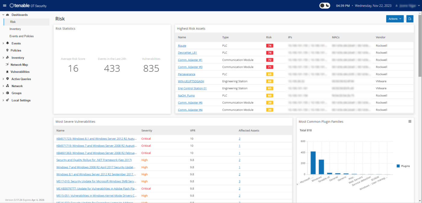 A demo screen capture of Tenable OT Security.