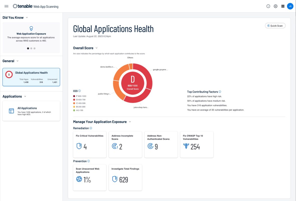 A demo screen capture of Tenable Web App Scanning.